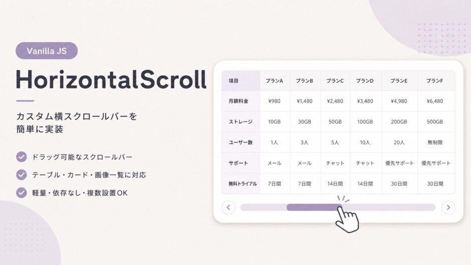 横スクロール用のカスタムスクロールバーを簡単に実装できるVanilla JSライブラリ「HorizontalScroll」を公開しました